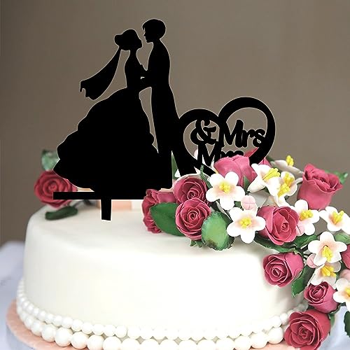 Decoración para tartas de Mrs And Mrs Love Is Love Monograma Cumpleaños Cupcake Topper Dos Mujeres Silueta Acrílico Negro Jubileo Nupcial Hornear Decoración de Pastel Regalos Vintage para Hombres