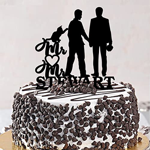 Decoración para tartas de pareja gay acrílico negro con perro gato divertido para él y su pastel de silueta amor dos hombres boda compromiso fiesta decoración personalizada apellido fecha hombres
