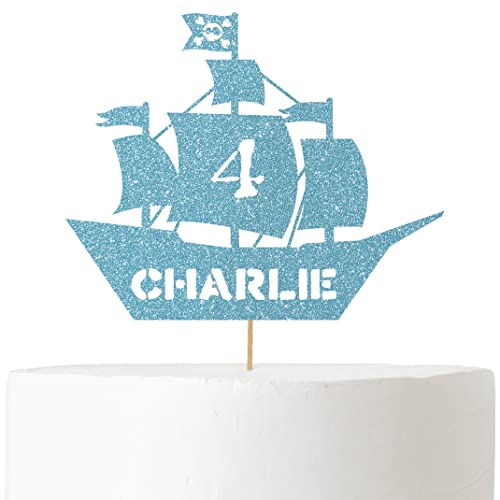 Decoración personalizada para pastel de cumpleaños de Cakeshop | Color personalizado para cualquier nombre y cualquier edad para decoración de pastel de barco pirata para el 1º 2º 3º 4º 5º 6º 7º 8º