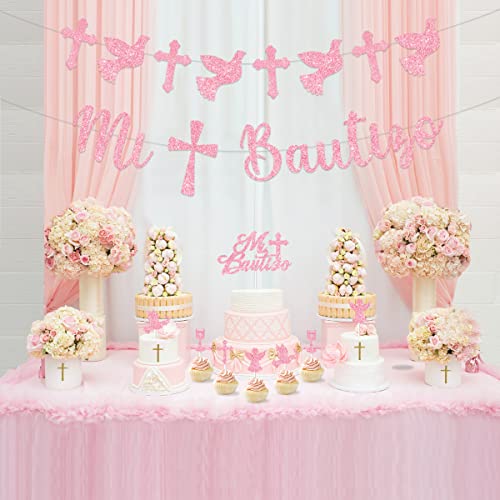 Decoraciones de bautizo para niñas, guirnalda de pancarta Mi Bautizo, decoración para tartas, cupcakes, globos cruzados, bautizo, primera comunión, Dios bendiga, suministros de fiesta, rosa