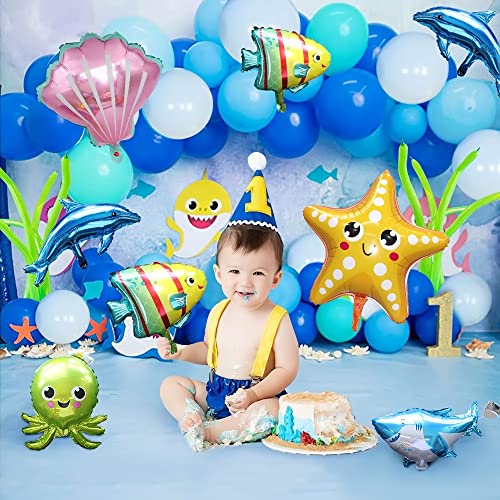 Decoraciones de fiesta de cumpleaños de animales del océano para niño Globos de fiesta blancos azules Kit de arco de guirnalda con globo de estrella de mar de delfín Decoraciones de fiesta para niños