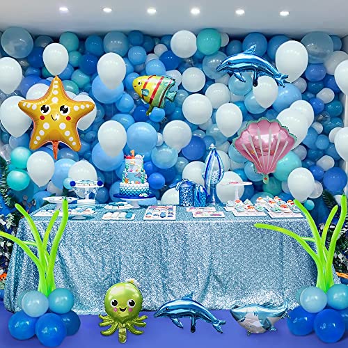 Decoraciones de fiesta de cumpleaños de animales del océano para niño Globos de fiesta blancos azules Kit de arco de guirnalda con globo de estrella de mar de delfín Decoraciones de fiesta para niños