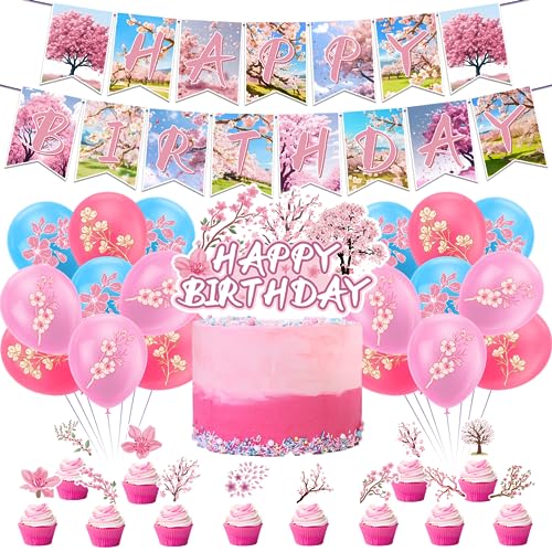 Decoraciones de fiesta de flores de cerezo Decoraciones japonesas Incluye flores de cerezo feliz cumpleaños Banner Pastel Cupcake Toppers Globos de flores de cerezo Suministros para fiestas
