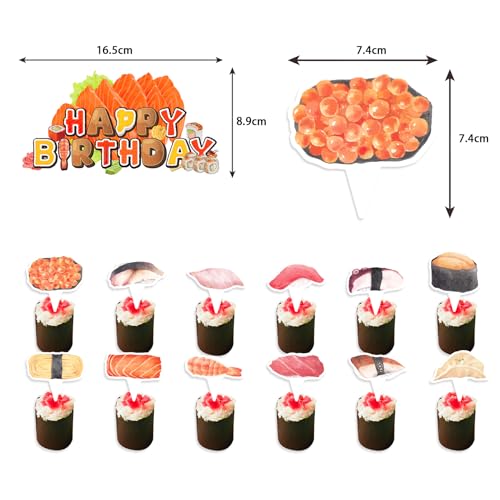 Decoraciones de fiesta de sushi, decoraciones de cumpleaños japonesas, incluye pancarta de sushi de feliz cumpleaños, telón de fondo para tartas, decoración de cupcakes, globos para fiesta de