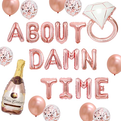 Decoraciones para despedida de soltera, oro rosa, sobre el maldito tiempo, cartel de globo, anillo de diamantes y globos de papel de champán para fiesta de compromiso