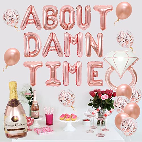 Decoraciones para despedida de soltera, oro rosa, sobre el maldito tiempo, cartel de globo, anillo de diamantes y globos de papel de champán para fiesta de compromiso
