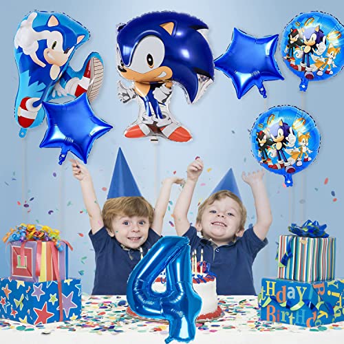 Decoraciones para fiestas Sonic,4 Cumpleaños globos -The Hedgehog pancarta feliz cumpleaños sónica, globos látex y papel aluminio,fiestas temáticas Suministros(4 Años)