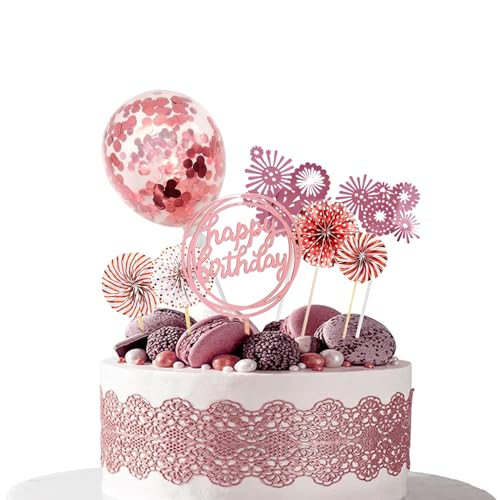 Decoraciones para tarta de cumpleaños, 9 unidades de color rosa Happy Birthday Pastel Topper, globos de colores Fuegos Artificiales Pastel Topper Niño Niña Decoraciones Fiesta