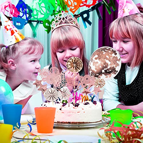 Decoraciones para tartas, 13 piezas de decoración de pastel de feliz cumpleaños, decoración de magdalenas de oro rosa con globo de confeti, bandera de acrílico, estrella de fuegos artificiales
