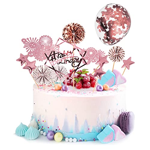Decoraciones para tartas, 13 piezas de decoración de pastel de feliz cumpleaños, decoración de magdalenas de oro rosa con globo de confeti, bandera de acrílico, estrella de fuegos artificiales