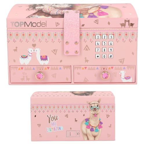 Depesche 11900 TOPModel Cosy - Joyero pequeño en color rosa, con alpaca y diseño de modelo, se abre con código y sonido, caja de joyería con espejo y tapa abatible