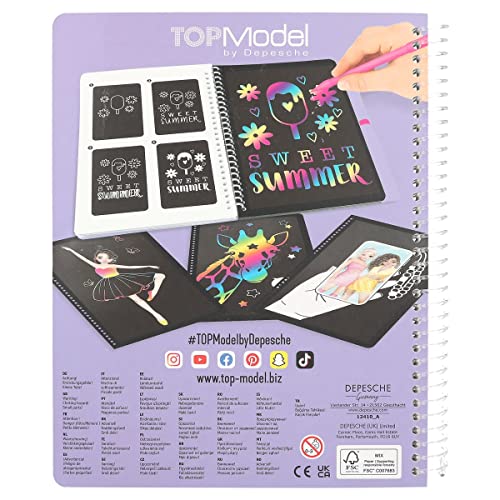 Depesche 12410 TOPModel Magic Scratch Book con 20 páginas de Motivos para arañazos, Libro con Degradado de Colores y rotulador, Multicolor