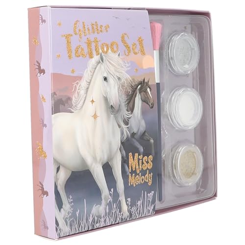 Depesche 12657 Miss Melody Night Horses-Juego niños con 41 Tatuajes Adhesivos, 1 Pincel y 3 Polvos de Purpurina en Plata, Blanco y Dorado, Halloween