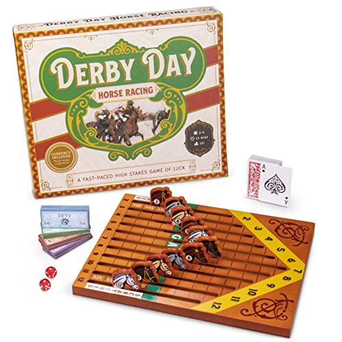 Derby Day - Juego de mesa de carreras de caballos, juego familiar y para adultos, ideal para fiestas y juegos de apuestas bajas, incluye tablero de juego, baraja de cartas, par de dados y moneda de