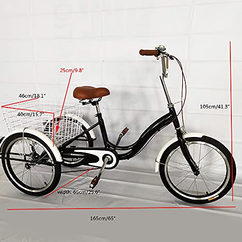 DGKLNDSY Triciclo de acero al carbono, 20 pulgadas, 3 ruedas, para adultos, ancianos, con cesta