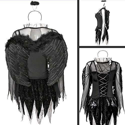 Disfraz de ángel caído oscuro, juego de cosplay de diablo femenino, disfraz de hadas negras, alas de ángel de plumas negras, vestido de ángel negro (M)