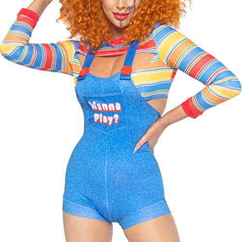 Disfraz de Halloween para mujer, 2 piezas, disfraz de muñeca asesina de pesadilla aterradora, vestido de personaje de película con inscripción «Wanna Play», conjunto de disfraz de muñeca Chucky,