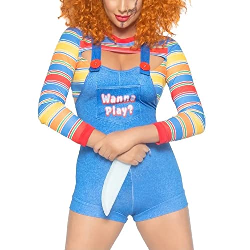 Disfraz de Halloween para mujer, 2 piezas, disfraz de muñeca asesina de pesadilla aterradora, vestido de personaje de película con inscripción «Wanna Play», conjunto de disfraz de muñeca Chucky,