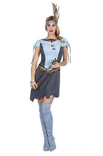 Disfraz de india para mujer de color azul claro con plumas, vestido de ante con aspecto de ante, Squaw Western salvaje Westen, talla: 38