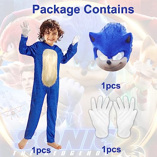 Disfraz de Sonic Disfraces de Niños de Sonic, Sonic the Hedgehog Jumpsuit Fancy Dress con Guantes Headwear,Carnaval Halloween Cosplay Costume para Niños