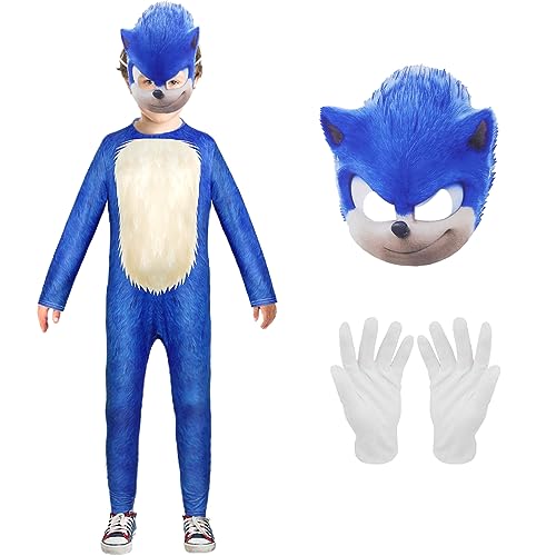 Disfraz de Sonic Disfraces de Niños de Sonic, Sonic the Hedgehog Jumpsuit Fancy Dress con Guantes Headwear,Carnaval Halloween Cosplay Costume para Niños