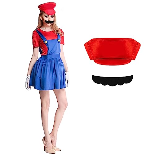 Disfraz de Super Mario y Luigi con falda, gorra de Mario y pantalones de carnaval, Halloween o cosplay, para niñas y mujeres adulas (M)