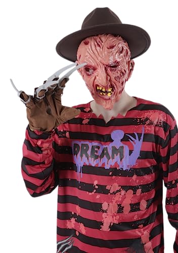 Disfraz Freddy Krueger Niño Hombre Adulto, Guante Garra Mano Freddy Krueger,Mascara Freddy Kruegge, Sombrero Freddy Kruegger para Disfraz Halloween (Garra+Sombrero)