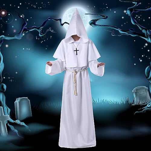 Disfraz gótico medieval de Halloween, disfraz de sacerdote, disfraz de cosplay, disfraz de escenario, lámpara decorativa medieval (blanco, XL), Blanco, XL
