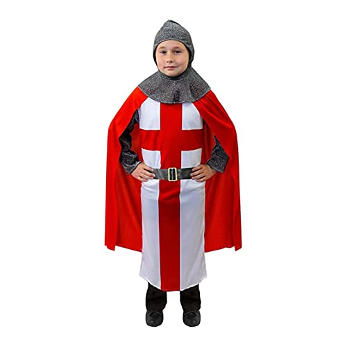 Disfraz infantil de caballero de San Jorge + capa roja + coif - Disfraz de rey Arturo medieval corazón de león para niños y niñas (6-8 años)