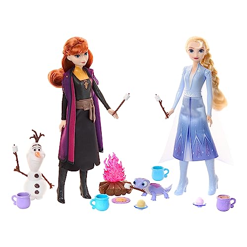 Disney Frozen Aventuras en el bosque, Pack de dos muñecas, dos figuras de amigos y 12 accesorios de acampada, juguete para niños y niñas +3 años (Mattel HPD52)