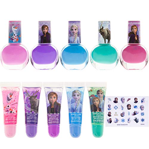 Disney Frozen - Townley Girl De Maquillaje cosmético para niñas con Pegatinas de uñas para Esmalte de uñas con Brillo de Labios - 11 Piezas | Regalo de cumpleaños para niñas a Partir de 3 años