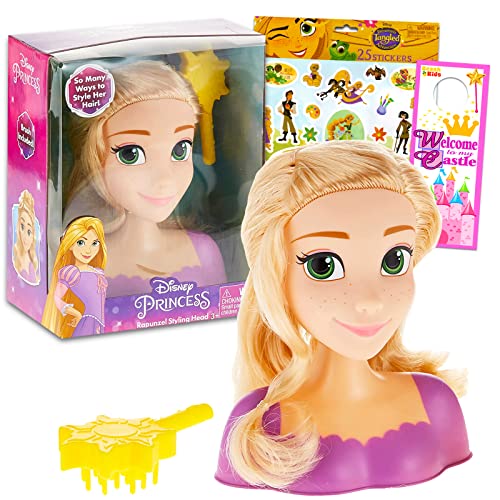 Disney Mu eca de princesa Rapunzel para ni as Paquete con cabeza de juego de simulaci n Rapunzel con cepillo m s calcoman as, m s | Cabeza de peinado Rapunzel