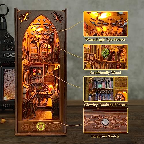 DIY Book Nook Kit - Casa de muñecas en Miniatura de Madera con Muebles y Luces LED, Decoración de inserción de estantería Creativa, Estantería Insertar