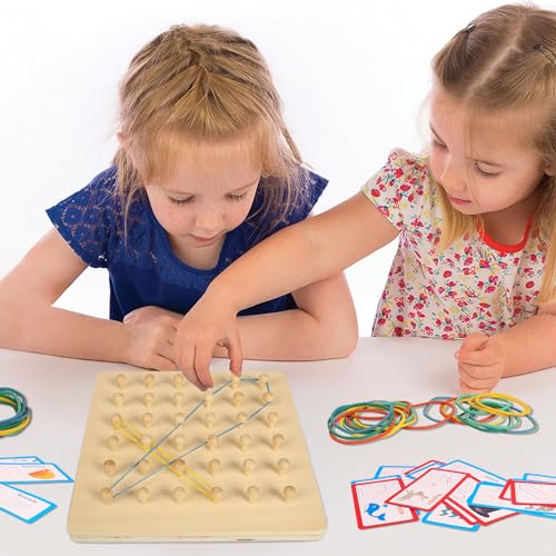 DKINY Tablero de geometría Geoboard de Madera Montessori Juguete Educativo de Creatividad y Imaginación para niños Placa 6x6 Creativo con 30 Tarjetas y 20 Gomas elásticas Tabla Rompecabeza Regalos