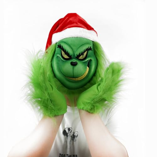 DONY Grinch Máscara,Máscara Navideña,Máscara de Monstruo de Pelo Verde,Papá Noel Verde,Máscara de Cabeza Completa de Terror,Máscara de Fiesta de Disfraces de Carnaval de Halloween Navideña Adultos