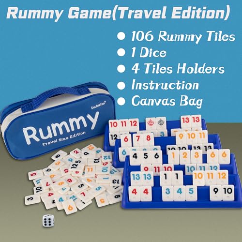 Doublefan Rummy 106 azulejos Rummy con 4 estantes resistentes e instrucciones (idioma español no garantizado), azulejos Rummy con funda de aluminio para 2-6 jugadores
