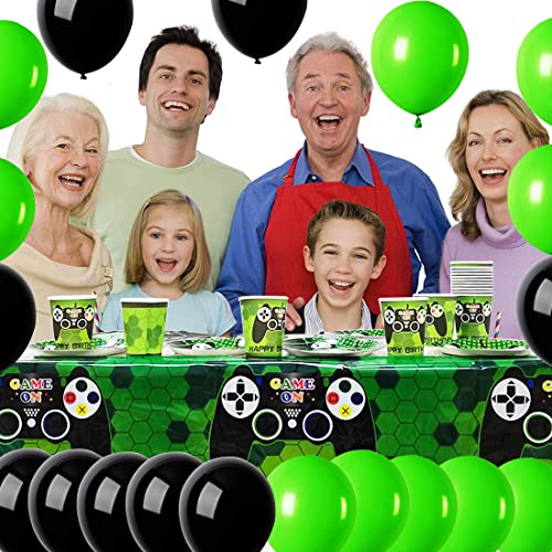 Doyomtoy 69 Piezas Game Party Supplies, Set Vajilla de Fiesta para Juego - Incluye Látex Globos, Platos Videojuegos, Tazas, Servilletas, Mantel, para Decoración de Videojuegos Fiesta De Cumpleaños