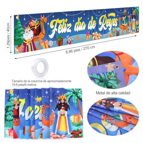 DPKOW Español Feliz día de Reyes Pancarta para Decoración de Reyes Navidad, para Reyes Magos Interior Exterior Decoración, Navidad Reyes Magos Pared Actividad Decoración, 270 * 40cm