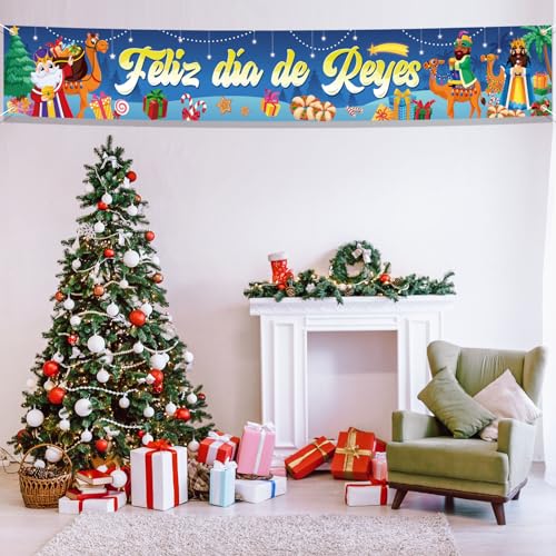 DPKOW Español Feliz día de Reyes Pancarta para Decoración de Reyes Navidad, para Reyes Magos Interior Exterior Decoración, Navidad Reyes Magos Pared Actividad Decoración, 270 * 40cm
