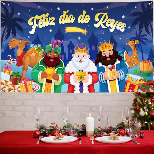 DPKOW Feliz día de Reyes Pancarta para Navidad Reyes Magos Decoración, Pancarta de Fondo para Navidad Reyes Magos Interior Exterior Decoración, Reyes Magos Cartel Pared Casa Decoración, 185 * 110cm