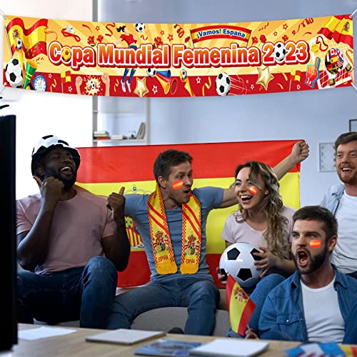 DPKOW Pack Selección de Seguidor de España Copa Mundial Femenina 2023 Pancarta Bufanda Bandera España Pintura de Cara para Fan Aficionados del Futból de España Accesorios Decoración Copa Mundial 2023