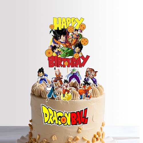 Dragon Ball Z - Decoración para tartas temática de Goku y Crew con temática de manga de anime para niños, tarjeta de papel rápida y fácil ajustable (decoración de cumpleaños feliz + 7 personajes)