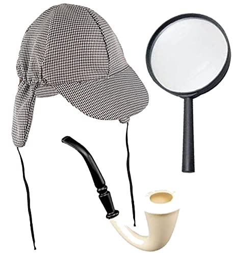 Dreamzfit Disfraz de detective para adultos para fiestas de Halloween, Día Mundial del Libro Sherlock Holmes Juego de accesorios de disfraz de Deerstalker sombrero + lupa + tubo de aspecto