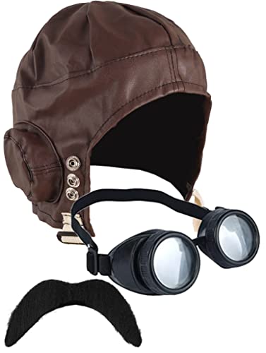 DreamzFit - Sombrero de piloto de aviador para hombres y mujeres, gafas Steampunk y bigote de los años 40, accesorio de disfraz para adultos (piloto de aviador, juego de 3 piezas)
