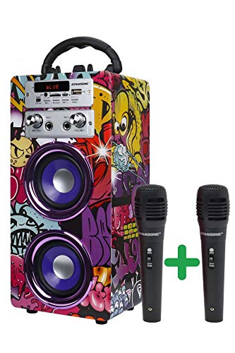 DYNASONIC - Altavoz Bluetooth Portátil con Karaoke | Radio FM y Lector USB SD (Modelo 12) (Modelo 12, 2 Micrófonos)