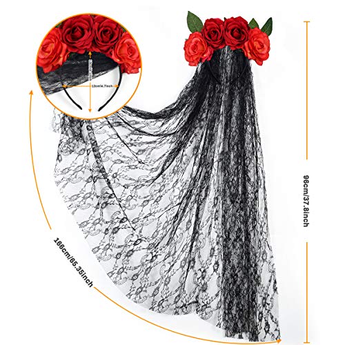 E-More Diadema de Halloween con velo de encaje negro, diadema de flores rosas, accesorios para el cabello de encaje de malla de rosas rojas, tocado de fiesta de novia fantasma de Halloween