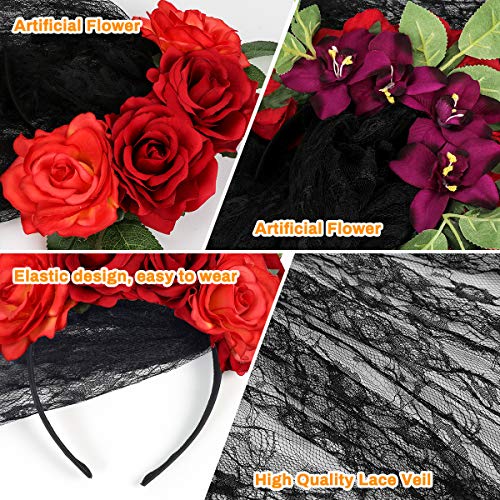 E-More Diadema de Halloween con velo de encaje negro, diadema de flores rosas, accesorios para el cabello de encaje de malla de rosas rojas, tocado de fiesta de novia fantasma de Halloween