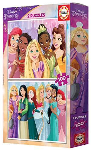 Educa - 2x100 Disney Princess, 2 Puzzles de cartón con 100 Piezas, diversión por Partida Doble, Medida aproximada de Cada Puzzle: 40 x 28 cm, A Partir de 6 años (19298)