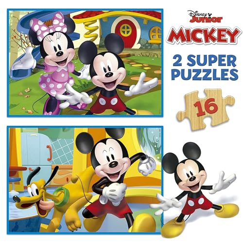 Educa - 2x16 Mickey & Minnie, 2 Puzzles de Madera ecológica Resistente con 16 Piezas Cada uno, diversión por Partida Doble, Medidas: 26 x 18 cm, A Partir de 3 años (19287)