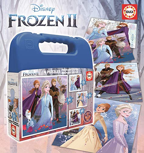 Educa - Maleta Frozen II. Set de 4 Puzzles Infantiles progresivos de 12 a 25 Piezas. Medida una Vez montado: 16 x 16 cm. Compuesto por Grandes Piezas A Partir de 3 años (18114)